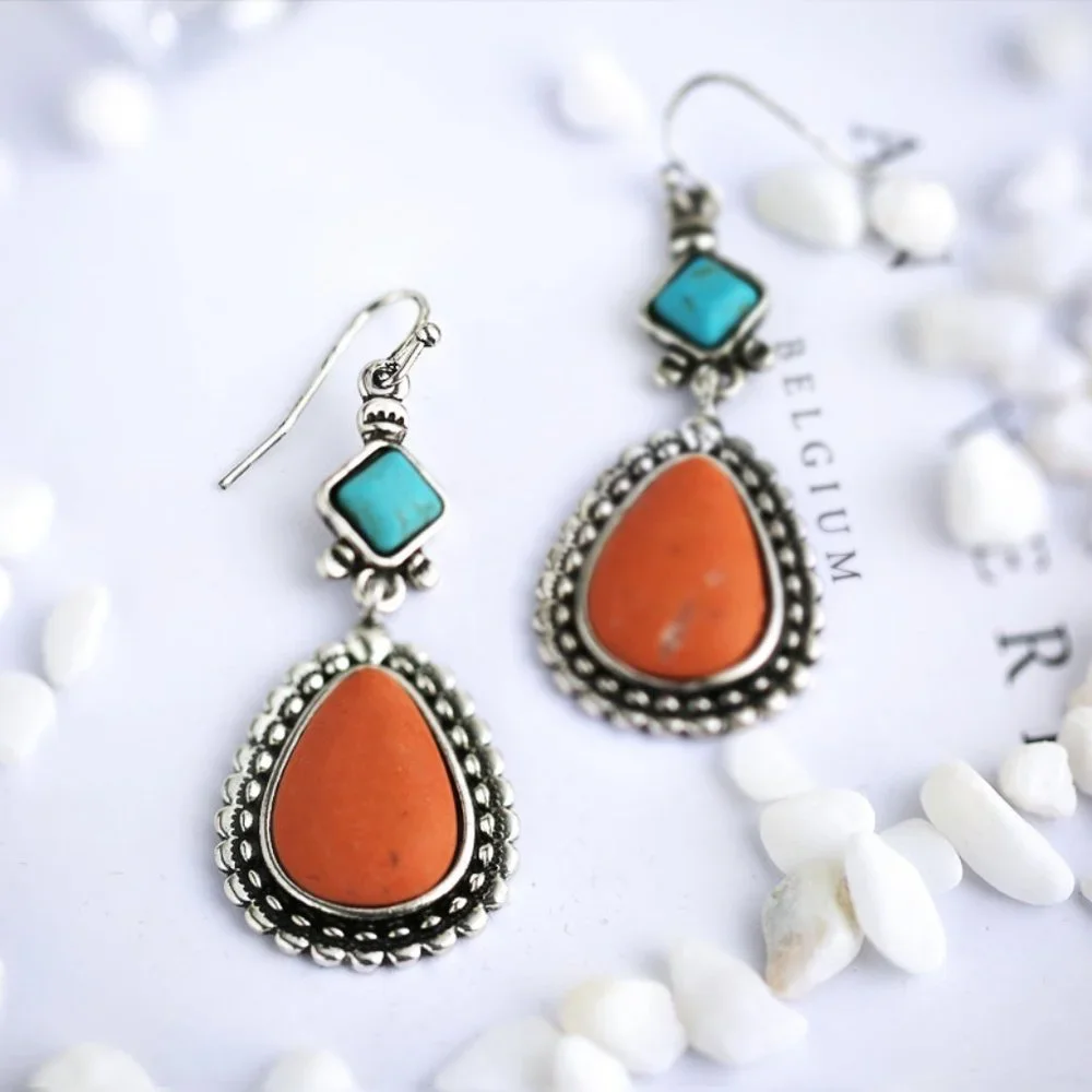 🌸Bohemian Water Boho Drop Orange Stone Vintage Earrings for Women, UNVN12426 - Picture 3 of 5